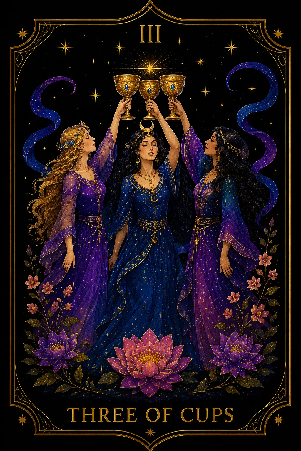 Tres de Copas tarot card illustration — Cups