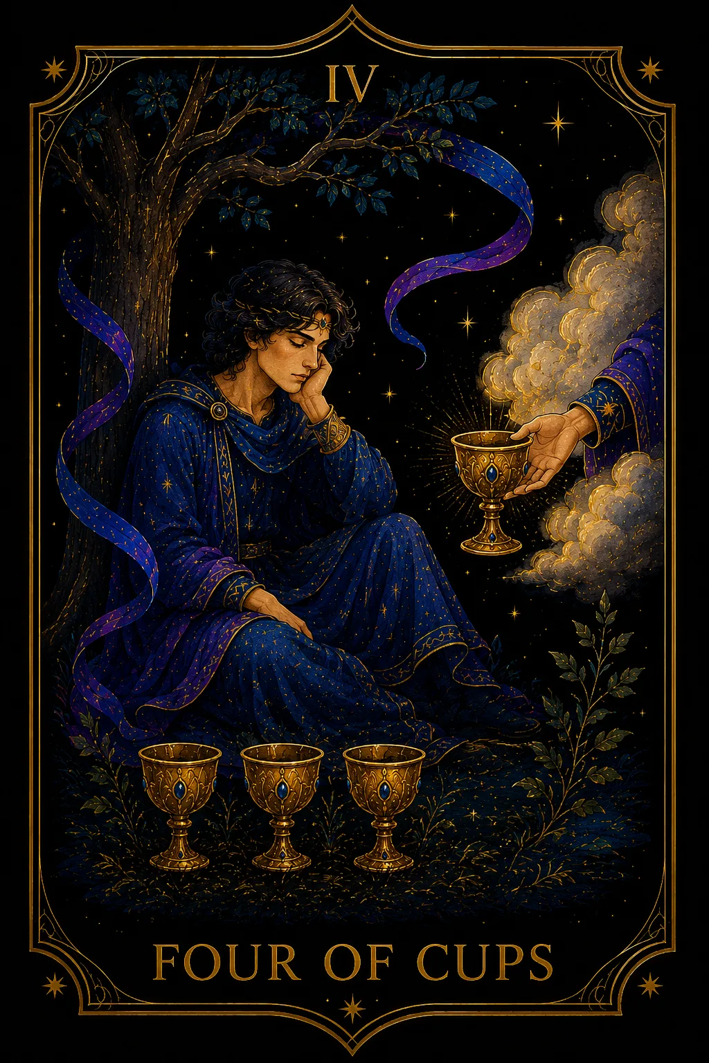 Cuatro de Copas tarot card illustration — Cups