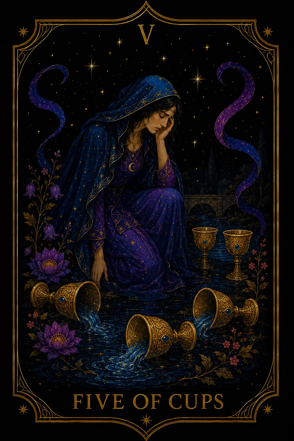 Cinco de Copas tarot card illustration — Cups