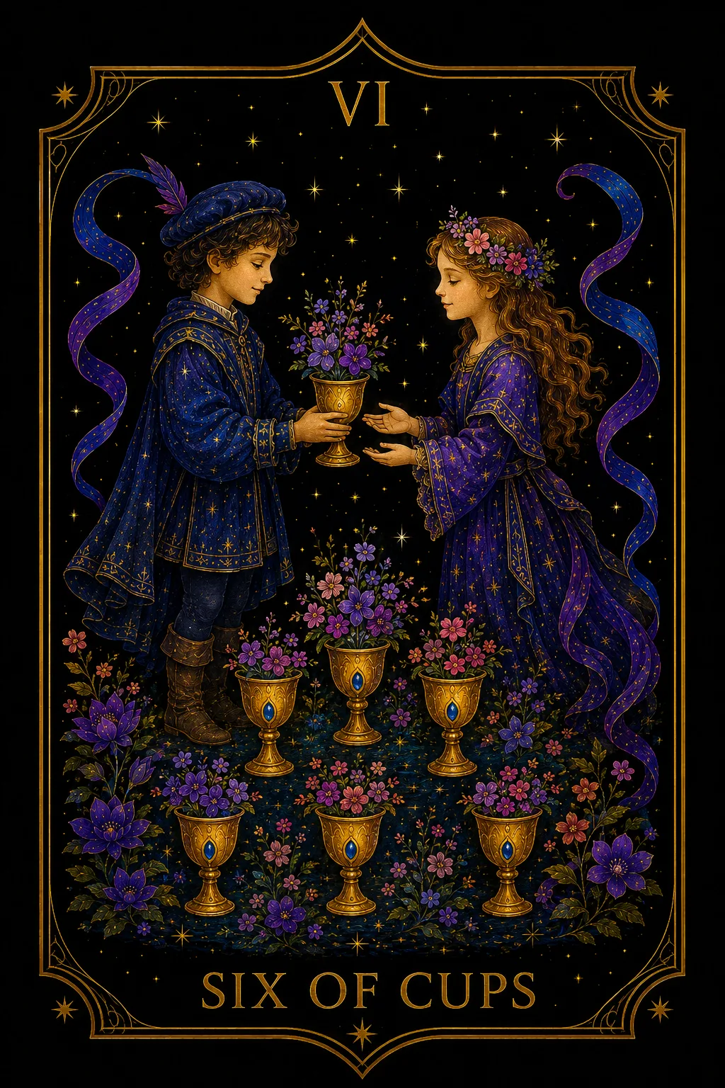 Seis de Copas tarot card illustration — Cups