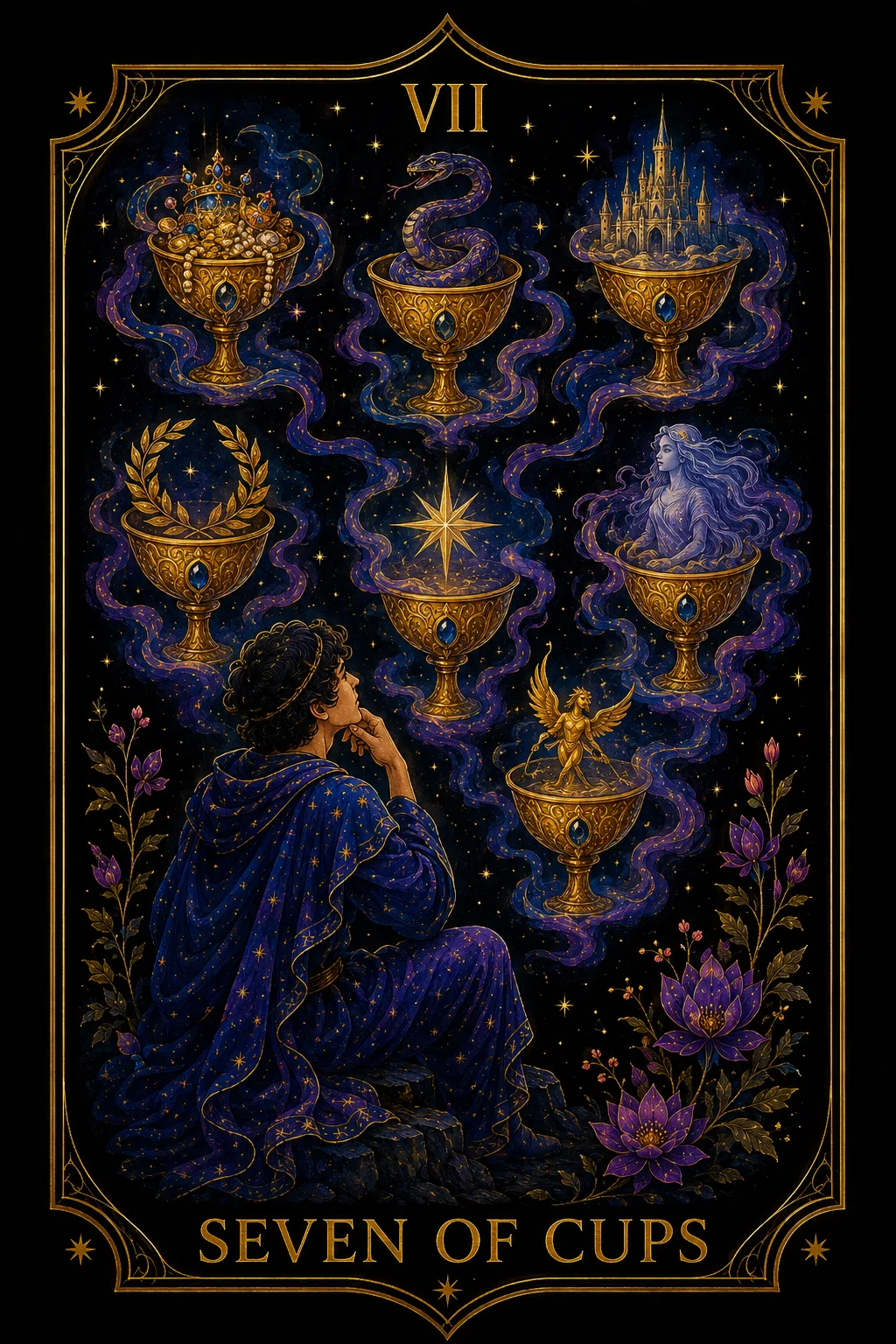 Siete de Copas tarot card illustration — Cups