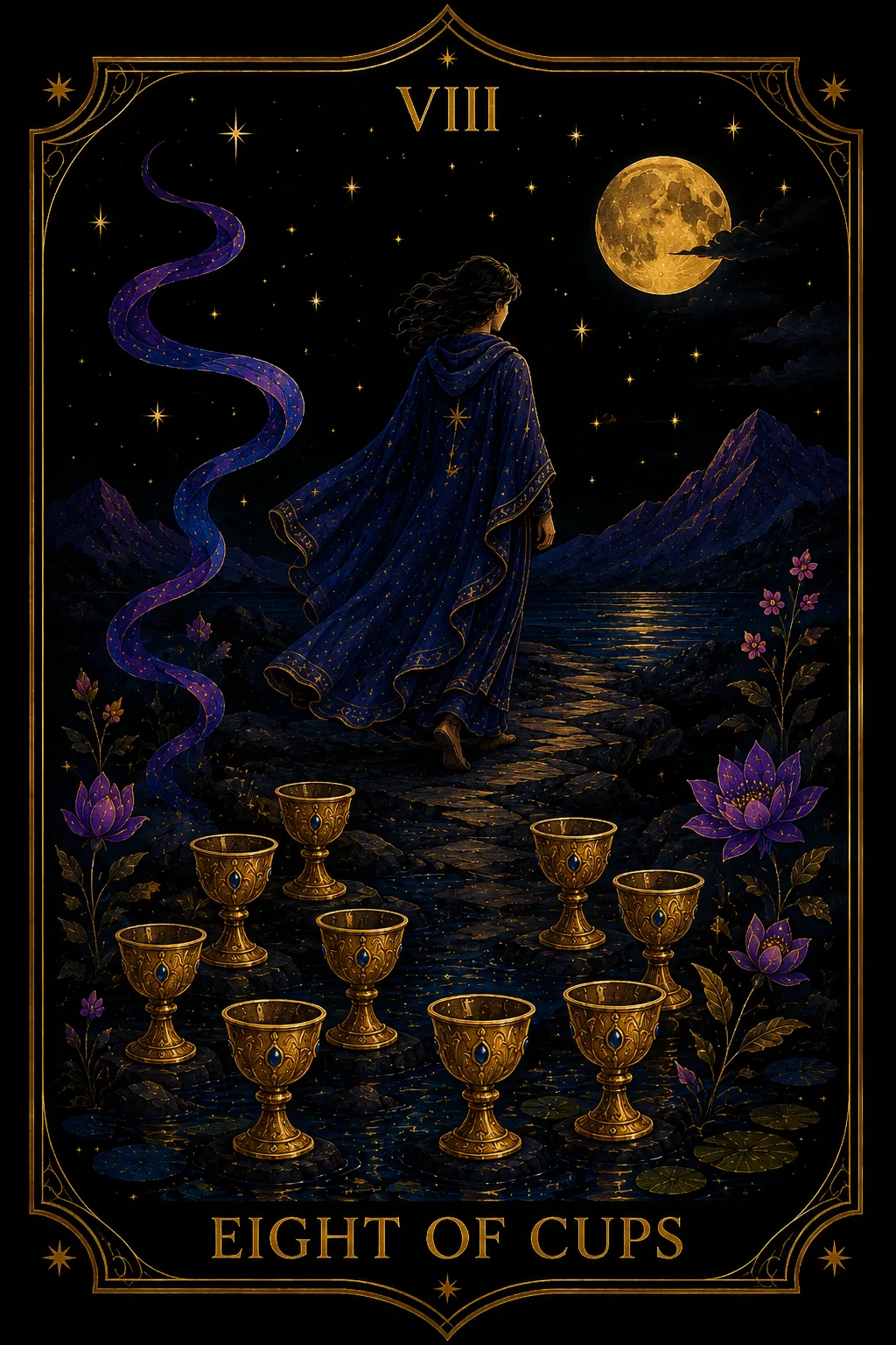 Ocho de Copas tarot card illustration — Cups