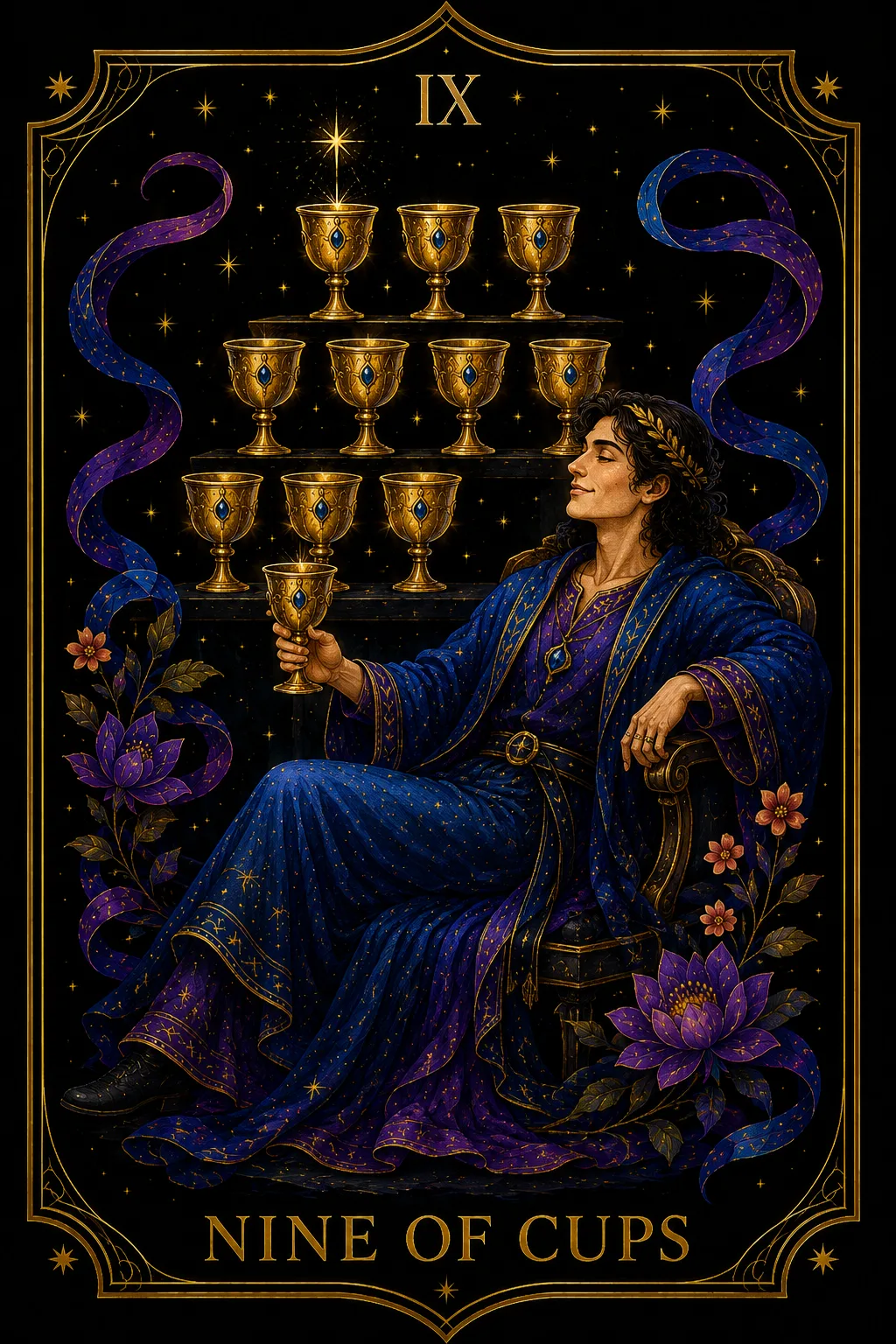 Nueve de Copas tarot card illustration — Cups