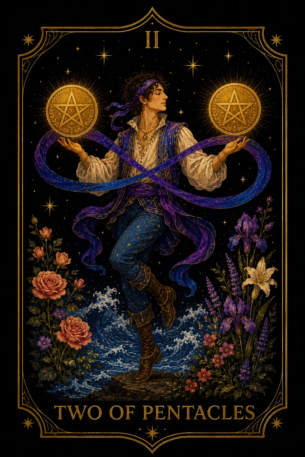 Dos de Oros tarot card illustration — Pentacles