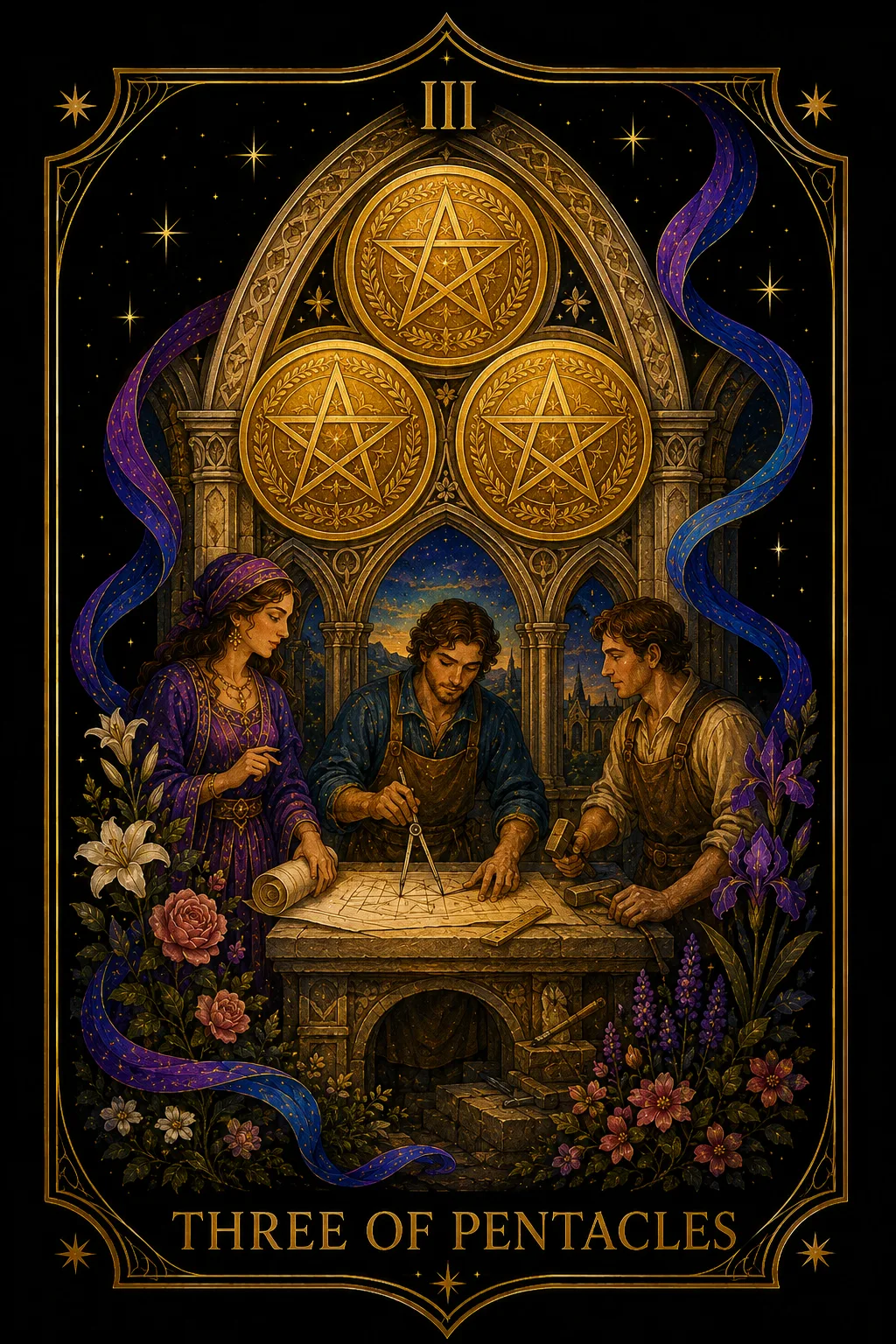 Tres de Oros tarot card illustration — Pentacles