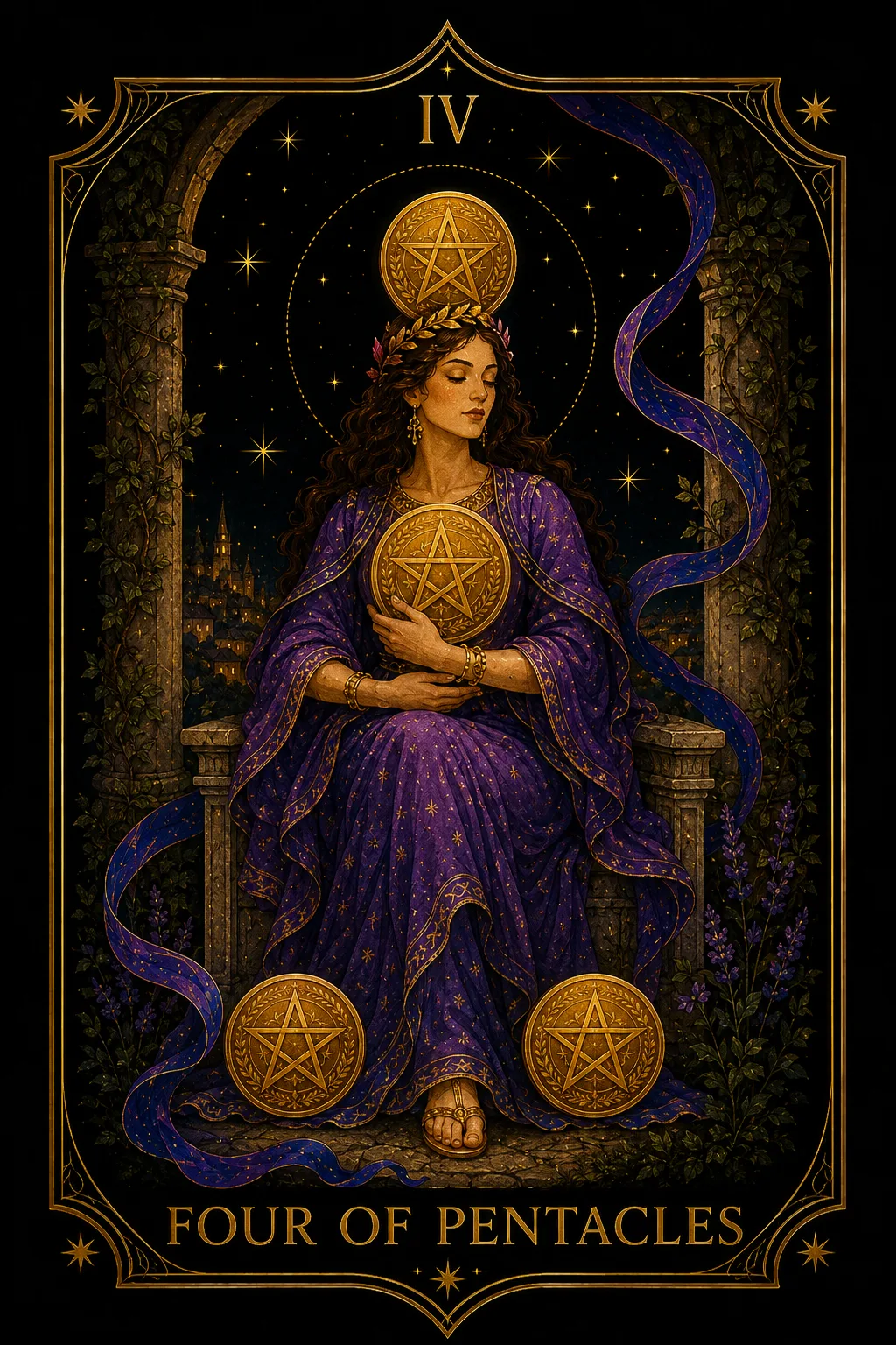 Cuatro de Oros tarot card illustration — Pentacles