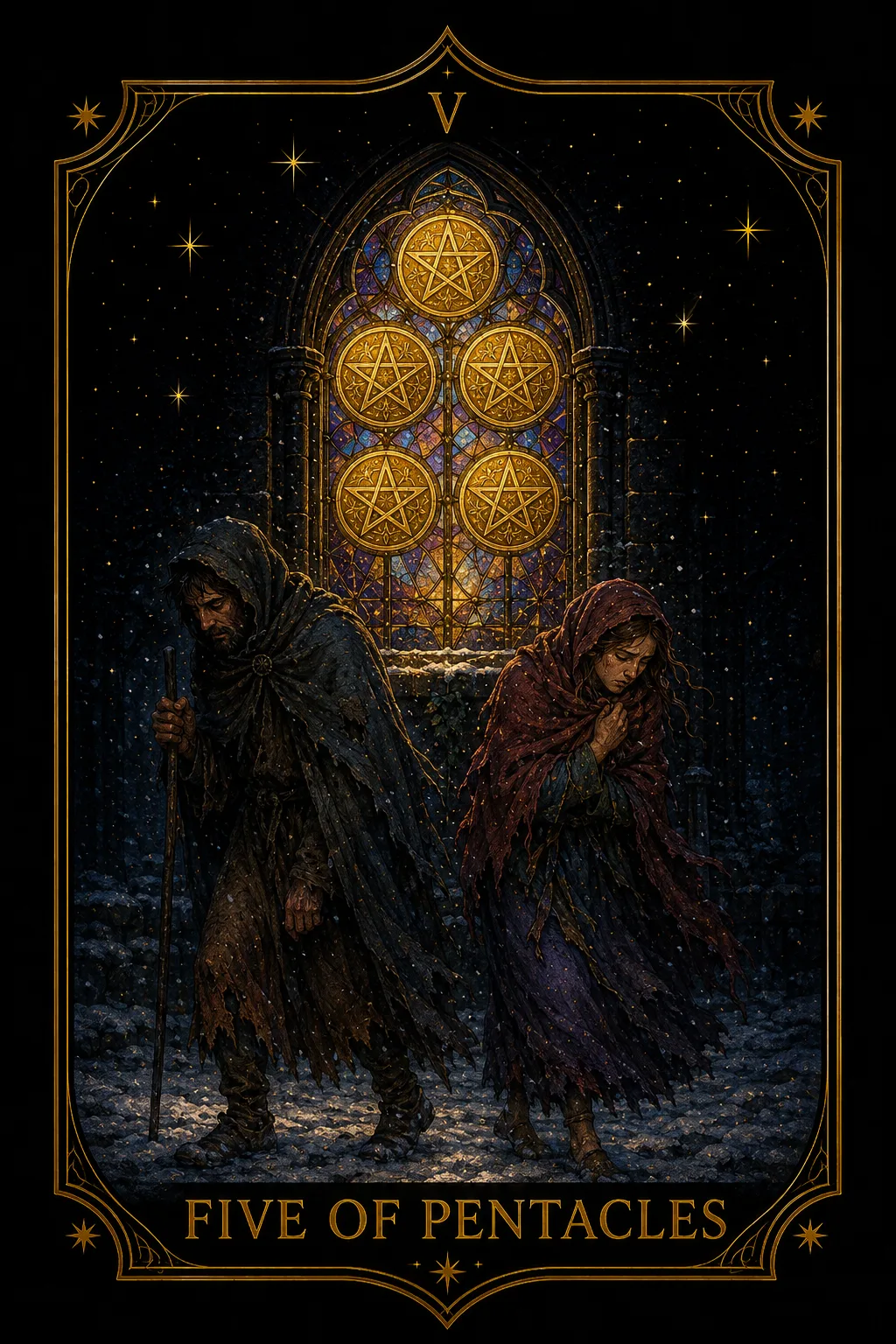 Cinco de Oros tarot card illustration — Pentacles
