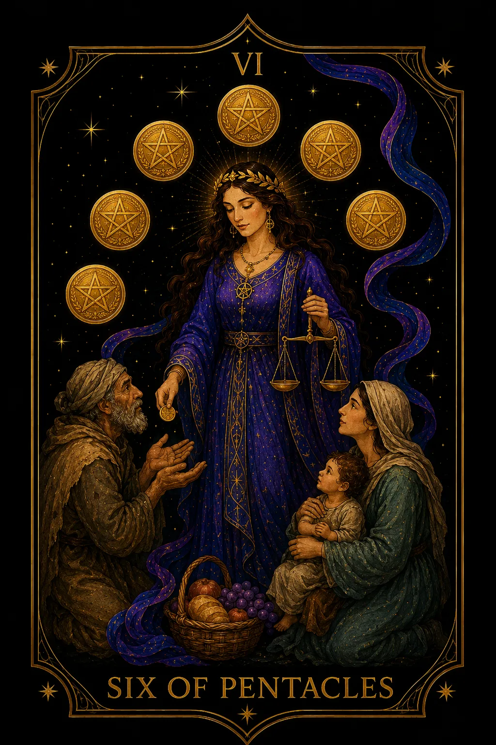 Seis de Oros tarot card illustration — Pentacles