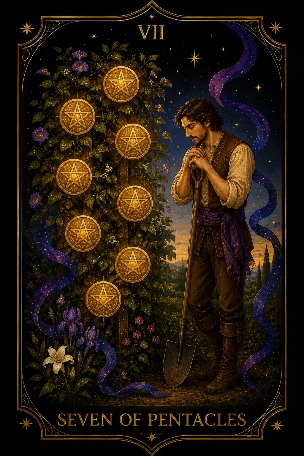 Siete de Oros tarot card illustration — Pentacles