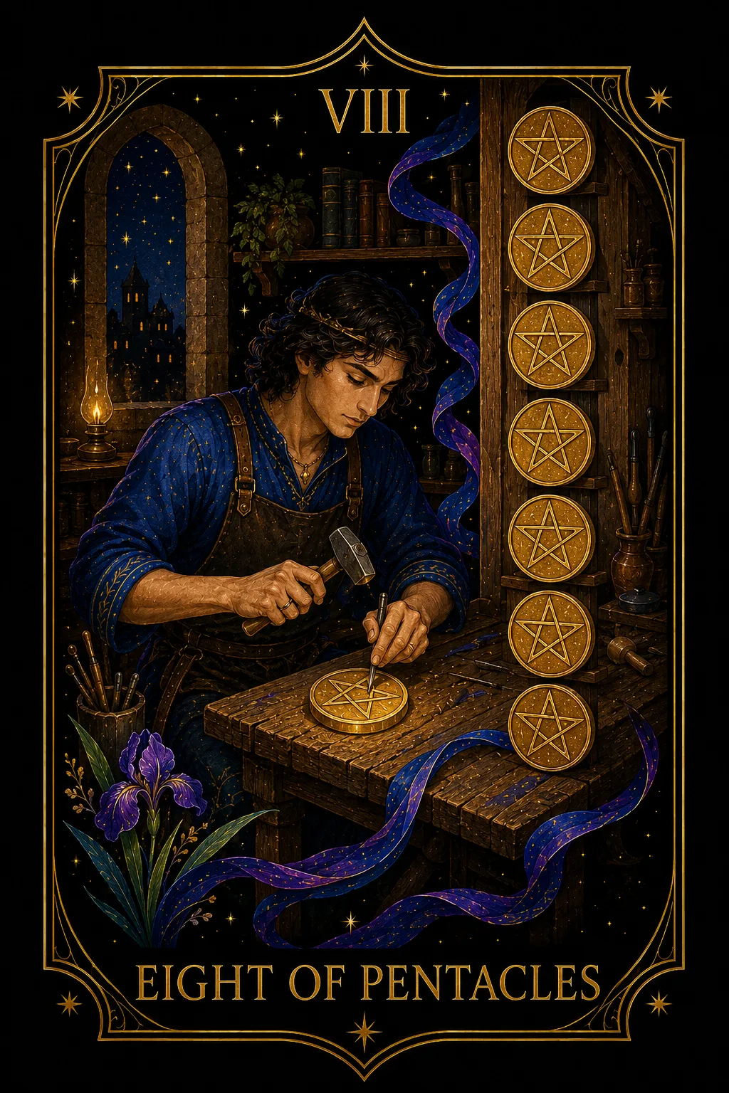 Ocho de Oros tarot card illustration — Pentacles