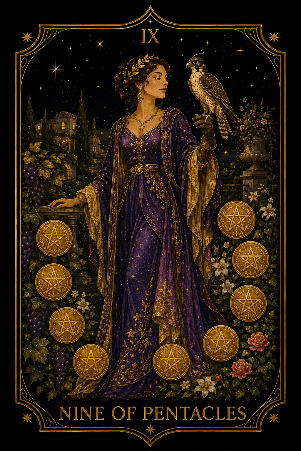 Nueve de Oros tarot card illustration — Pentacles
