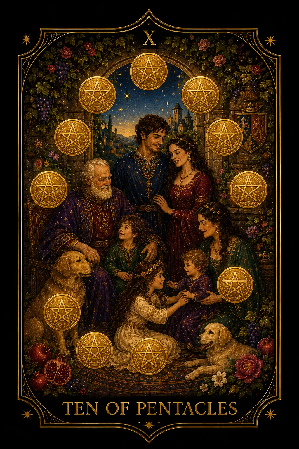 Diez de Oros tarot card illustration — Pentacles