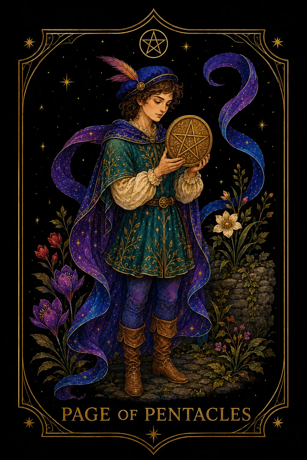 Sota de Oros tarot card illustration — Pentacles