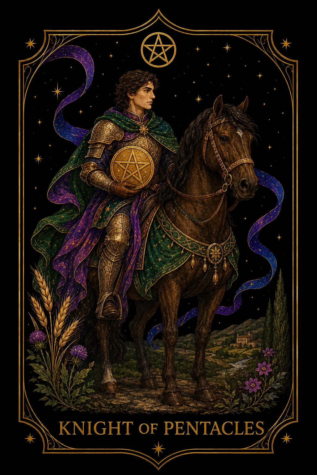 Caballero de Oros tarot card illustration — Pentacles