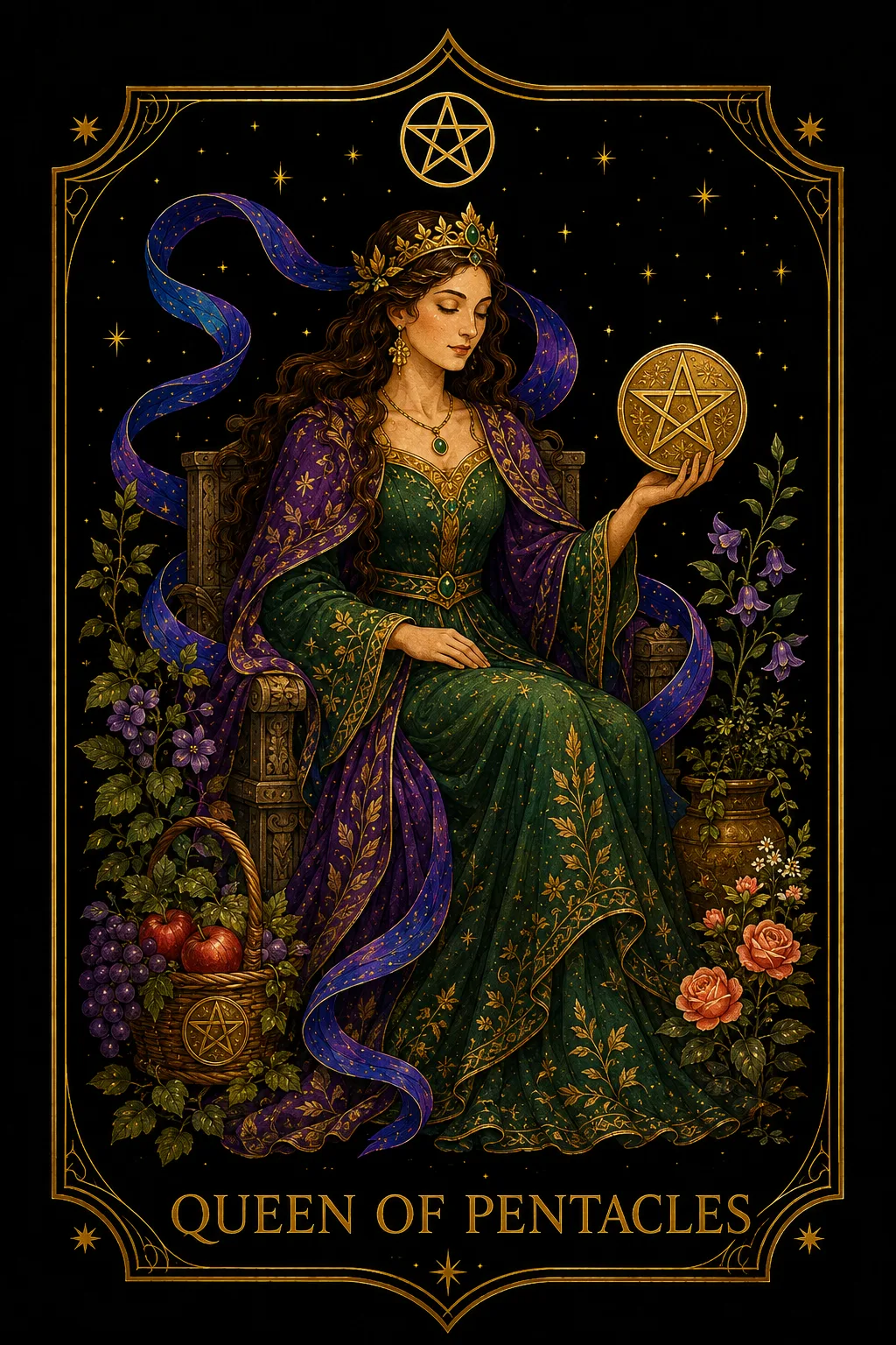 Reina de Oros tarot card illustration — Pentacles