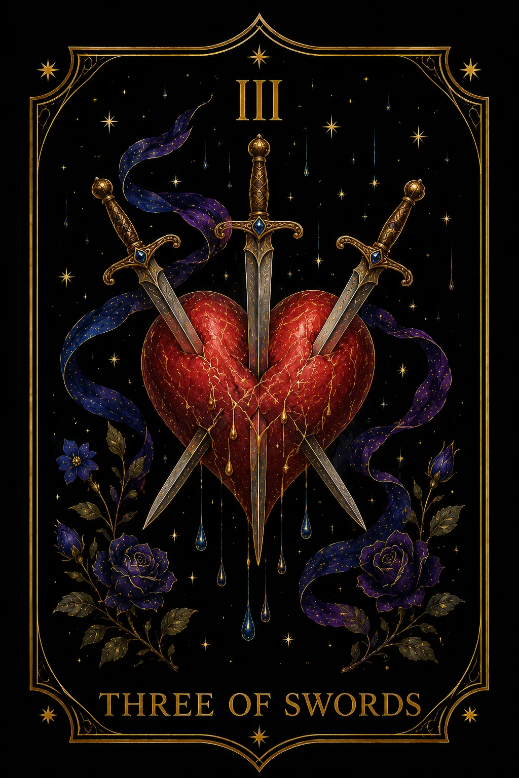 Tres de Espadas tarot card illustration — Swords