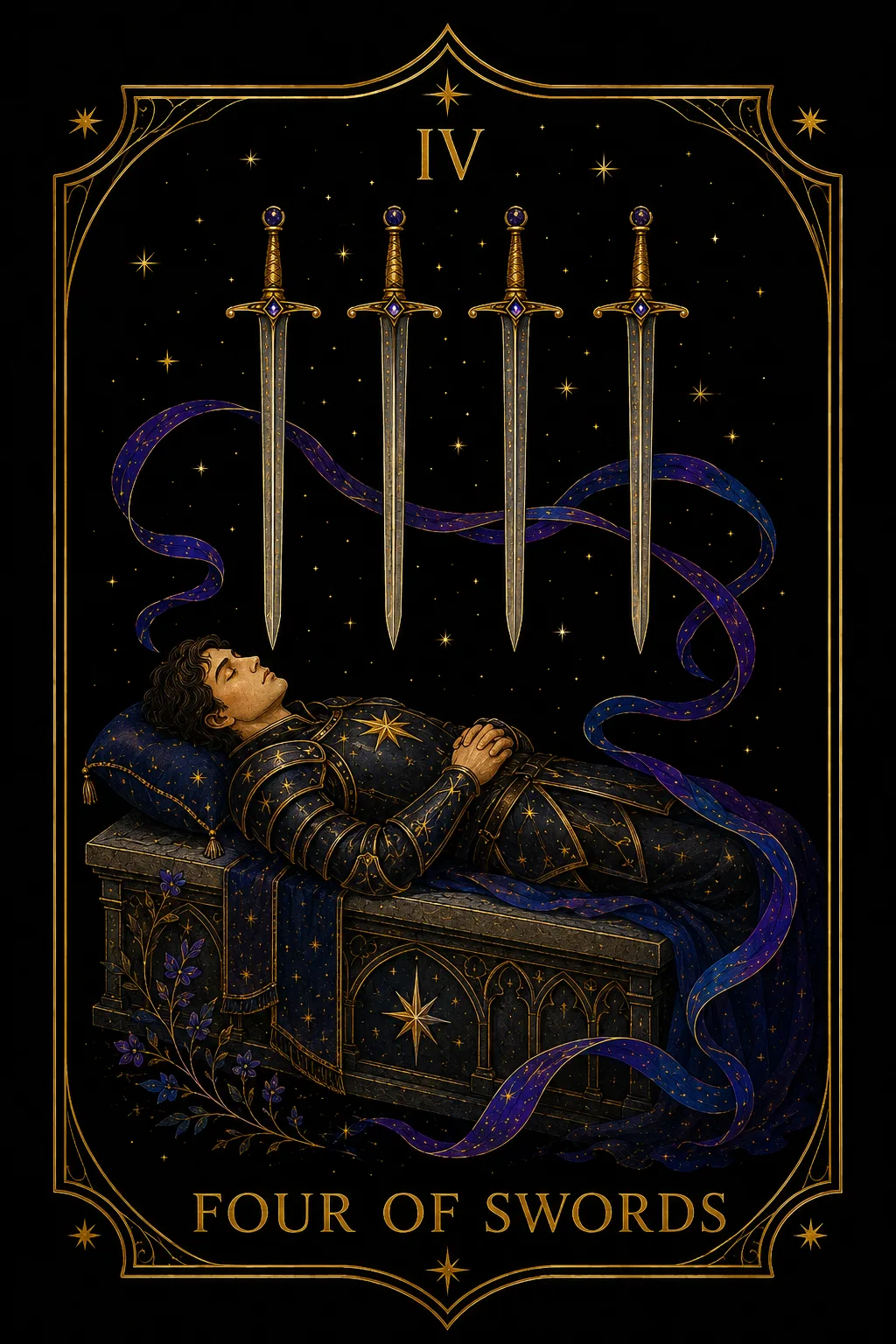 Cuatro de Espadas tarot card illustration — Swords