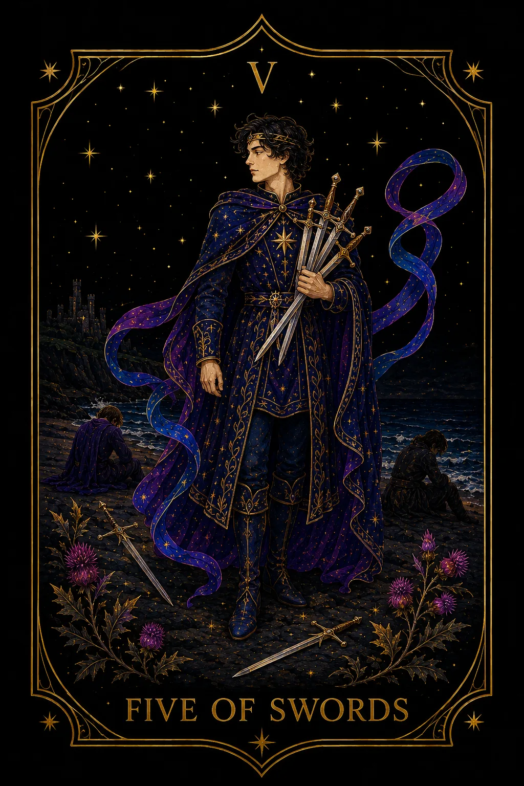 Cinco de Espadas tarot card illustration — Swords