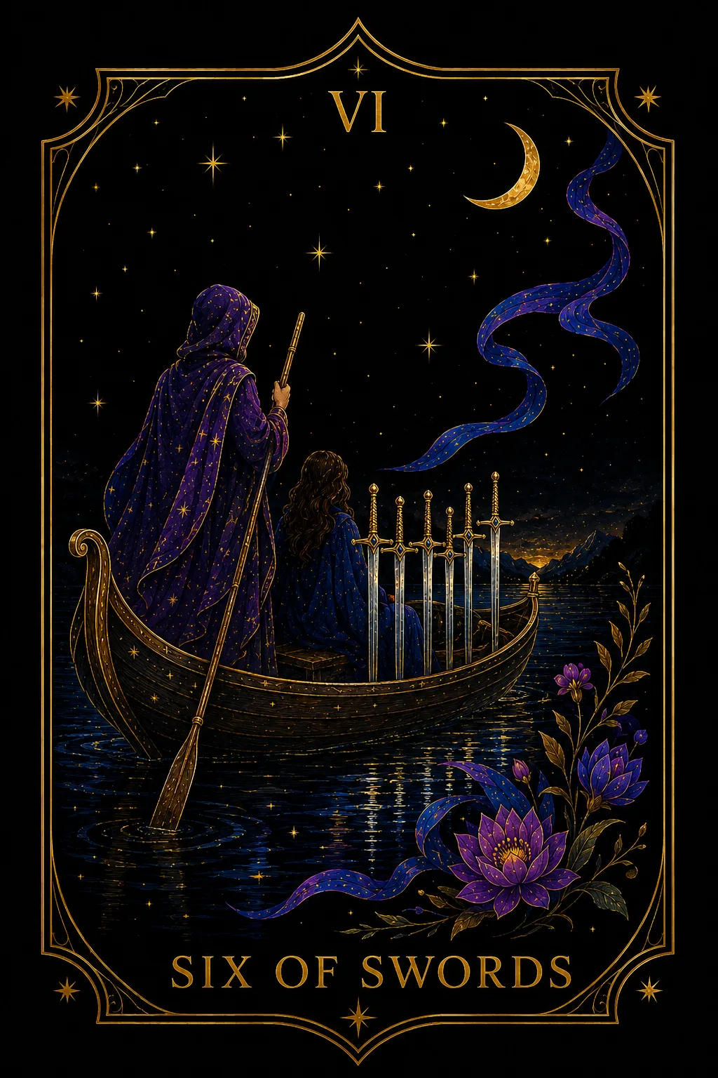 Seis de Espadas tarot card illustration — Swords