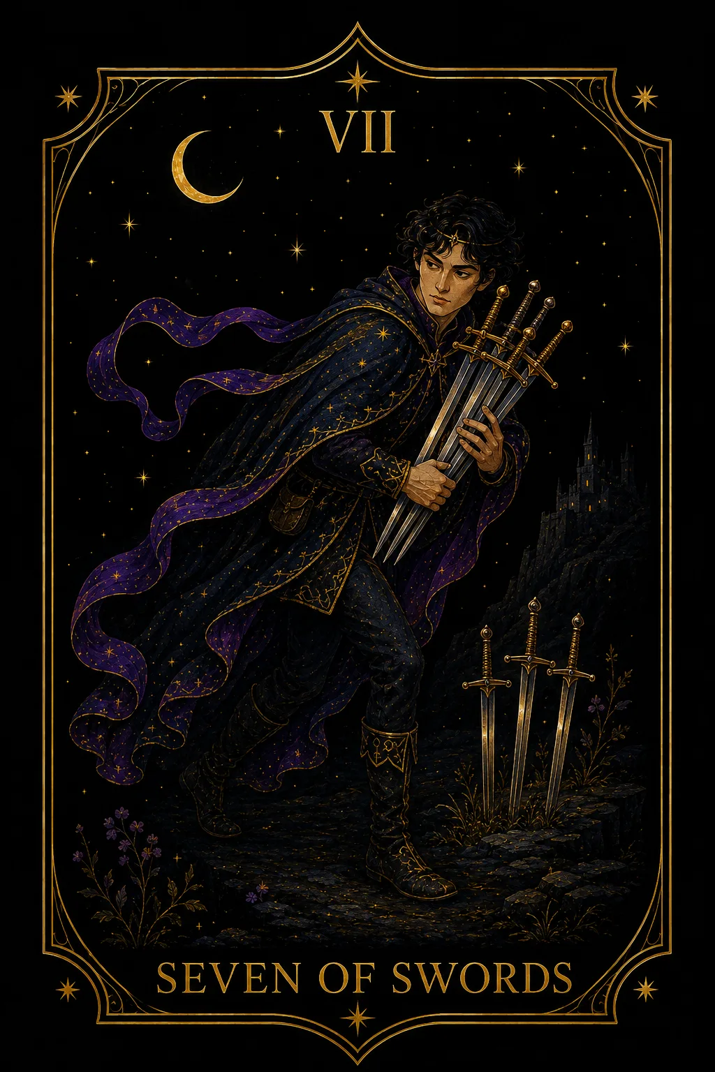 Siete de Espadas tarot card illustration — Swords