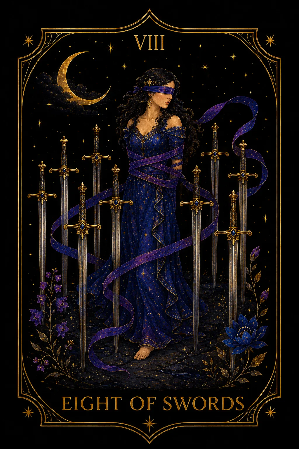 Ocho de Espadas tarot card illustration — Swords