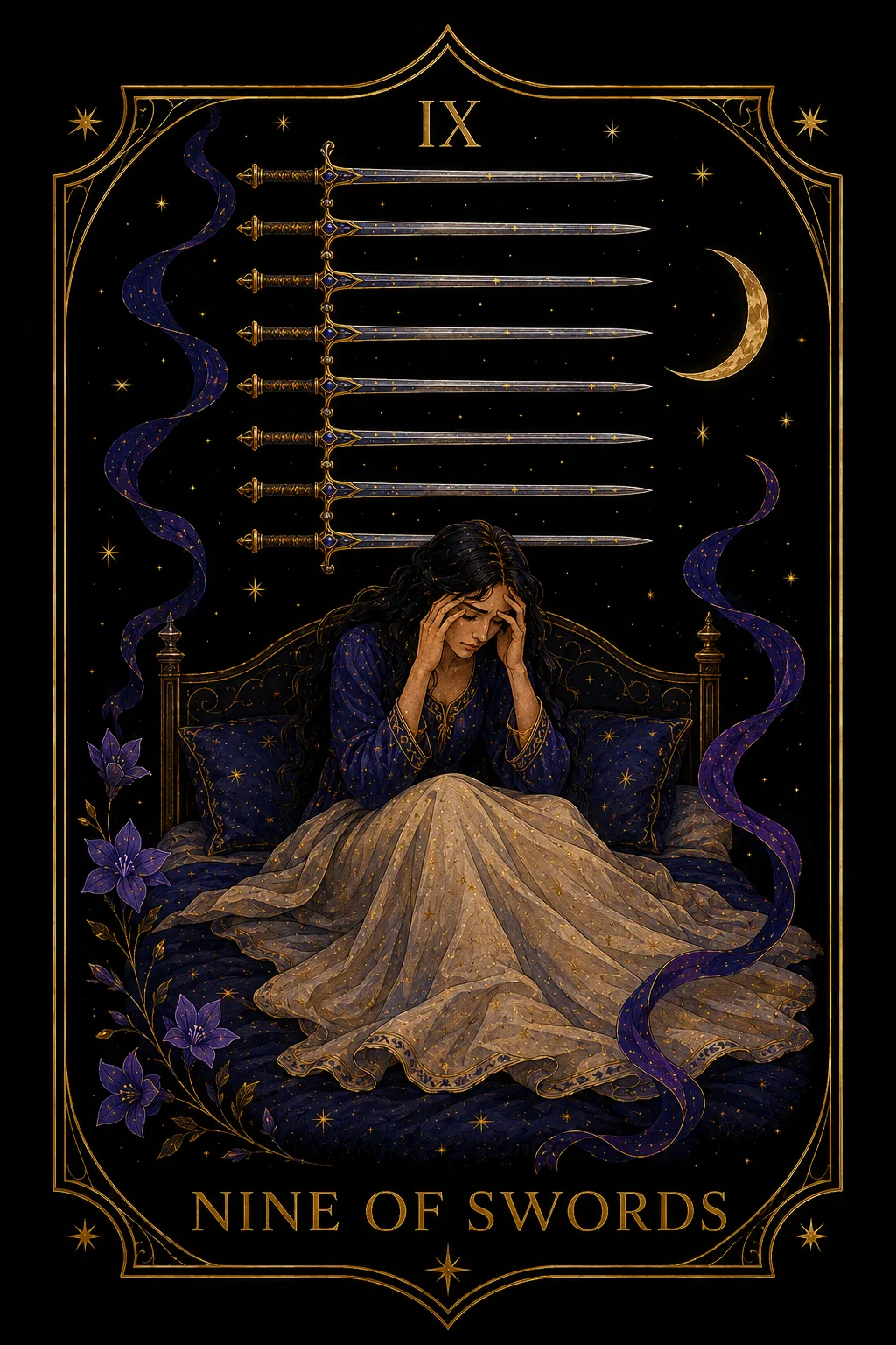 Nueve de Espadas tarot card illustration — Swords