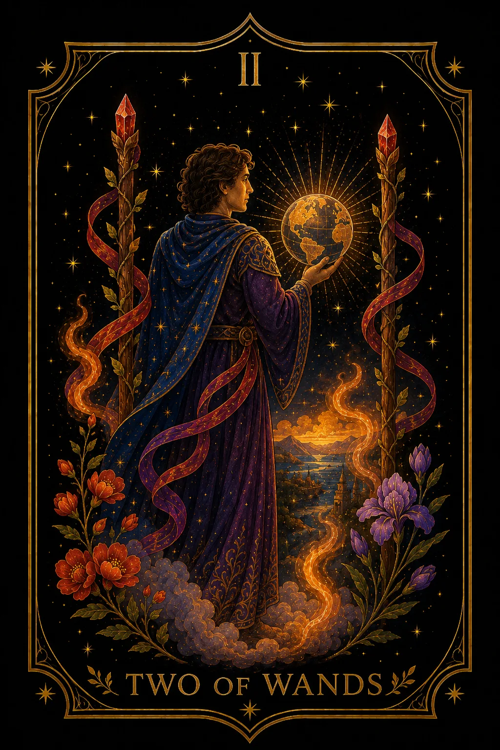 Dos de Bastos tarot card illustration — Wands