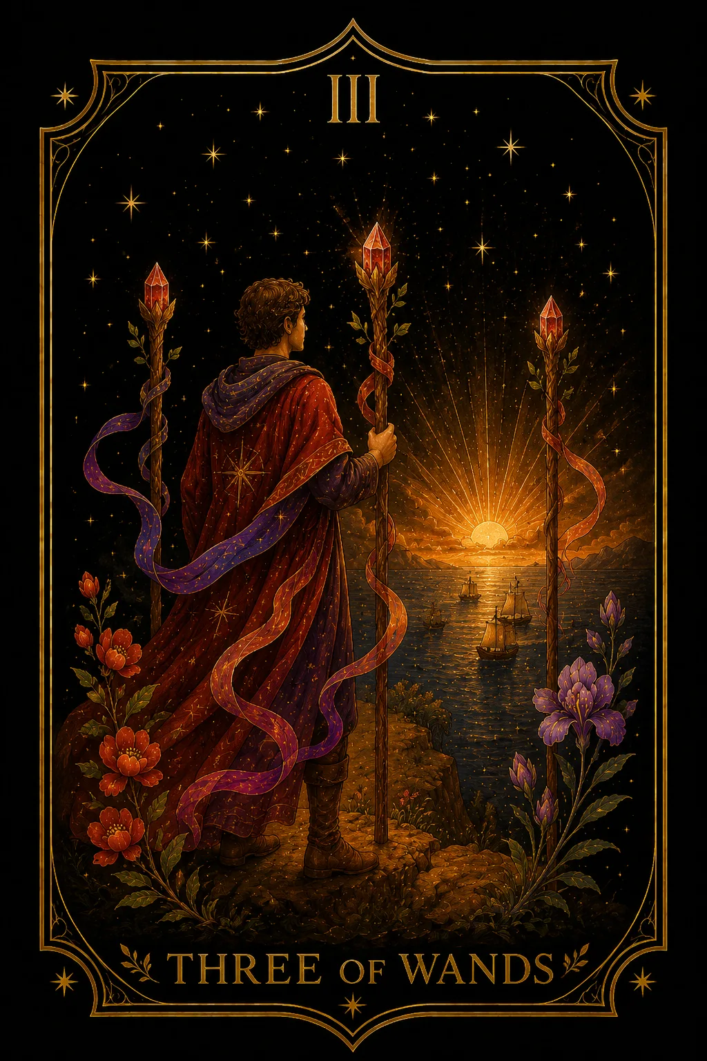 Tres de Bastos tarot card illustration — Wands