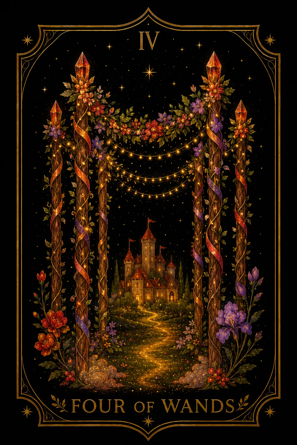 Cuatro de Bastos tarot card illustration — Wands
