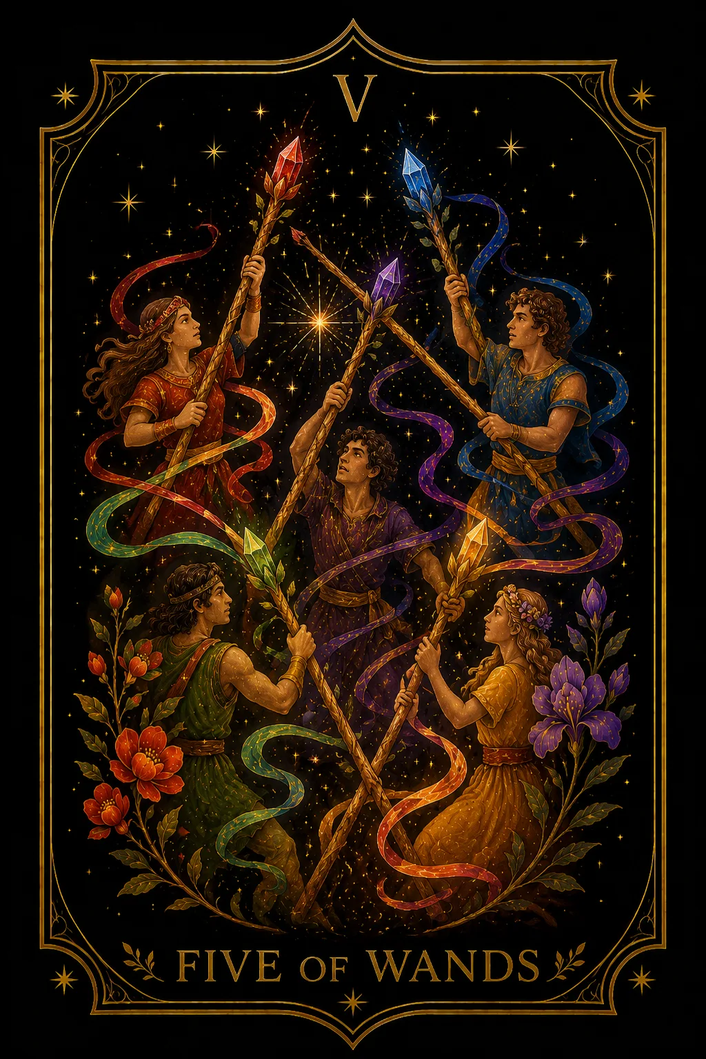 Cinco de Bastos tarot card illustration — Wands