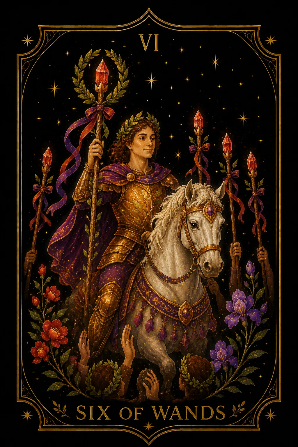 Seis de Bastos tarot card illustration — Wands