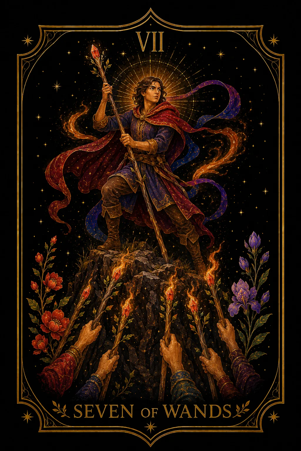 Siete de Bastos tarot card illustration — Wands