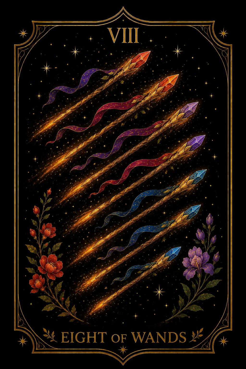 Ocho de Bastos tarot card illustration — Wands