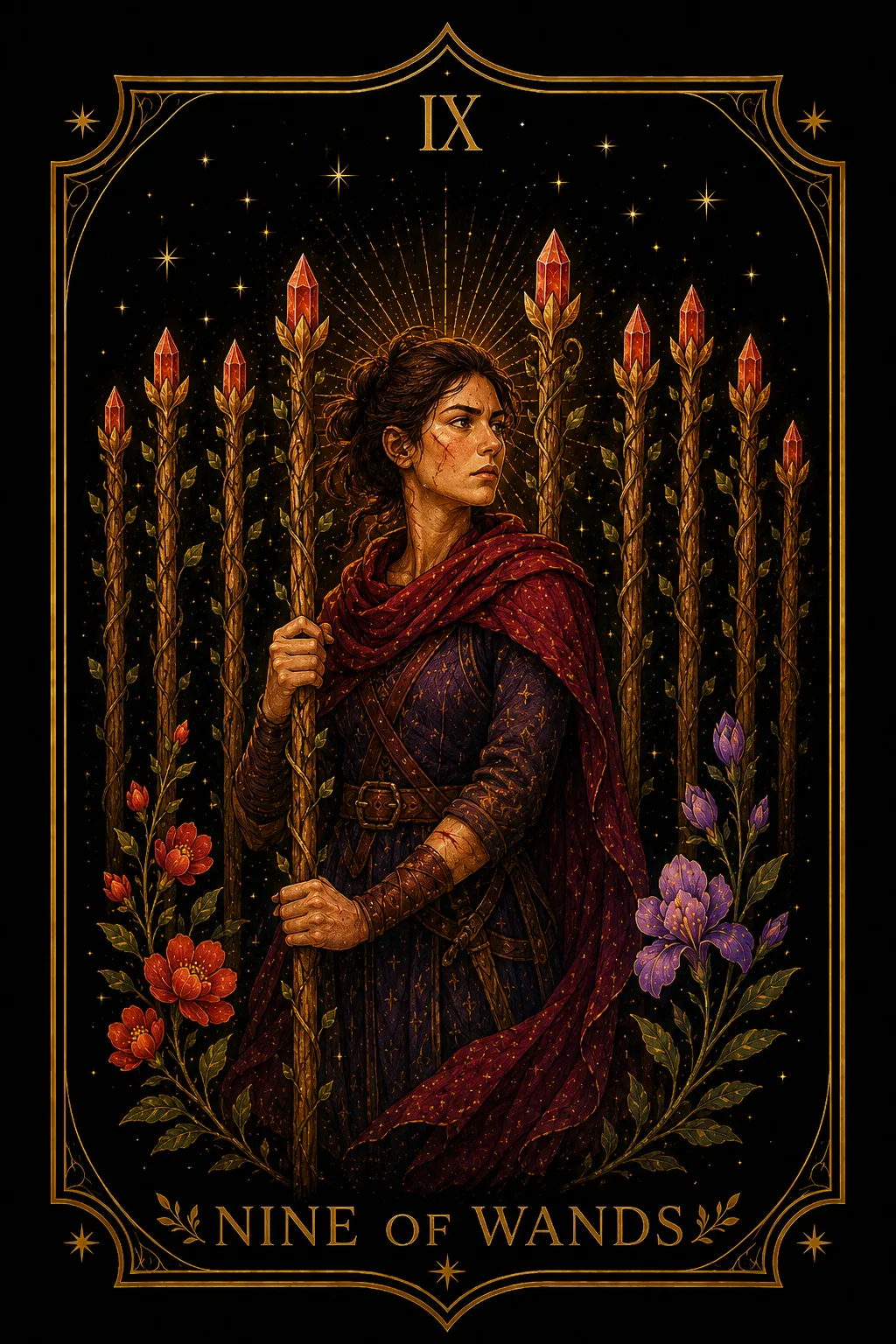 Nueve de Bastos tarot card illustration — Wands