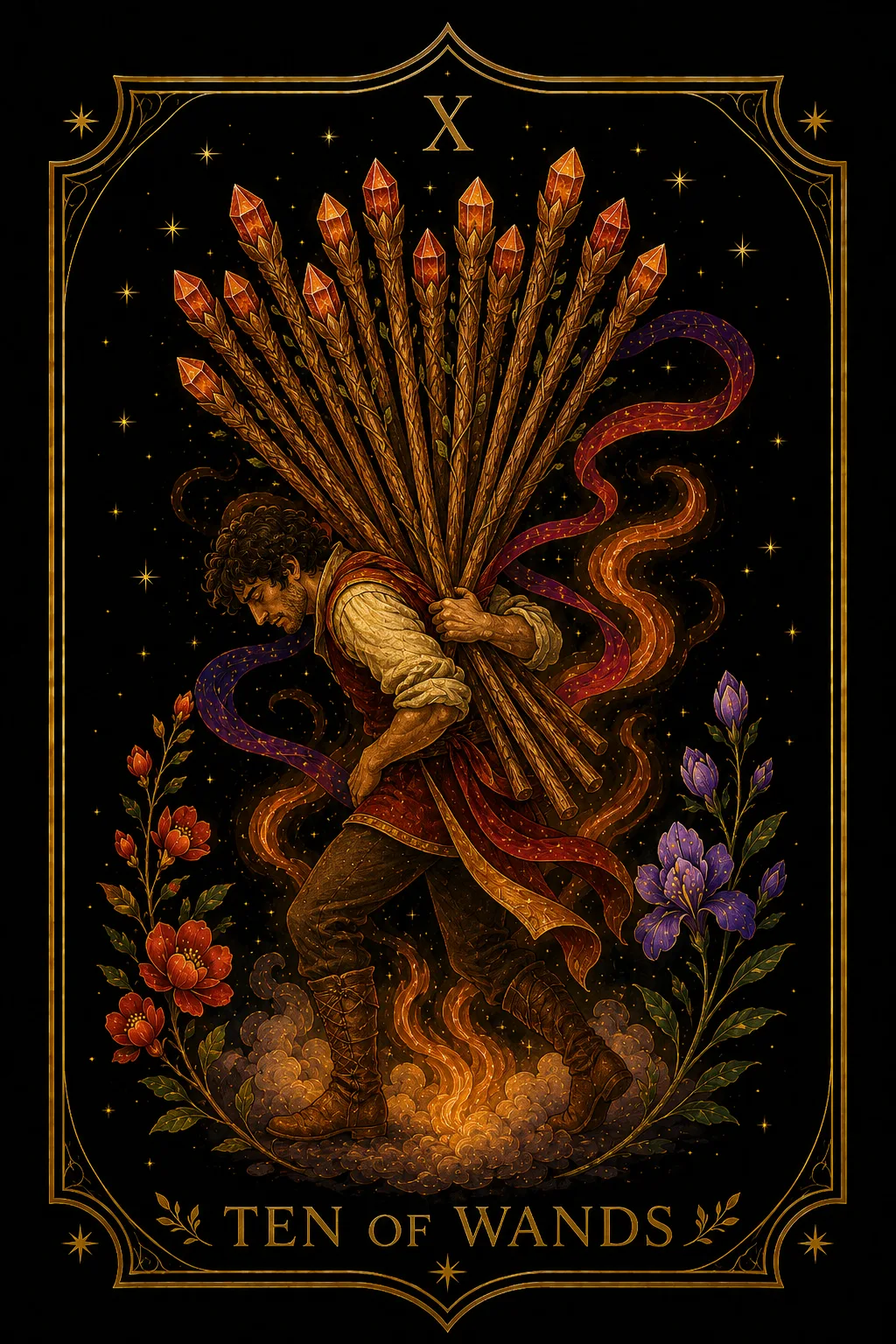 Diez de Bastos tarot card illustration — Wands