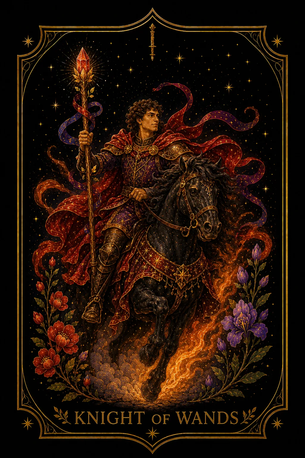 Caballero de Bastos tarot card illustration — Wands