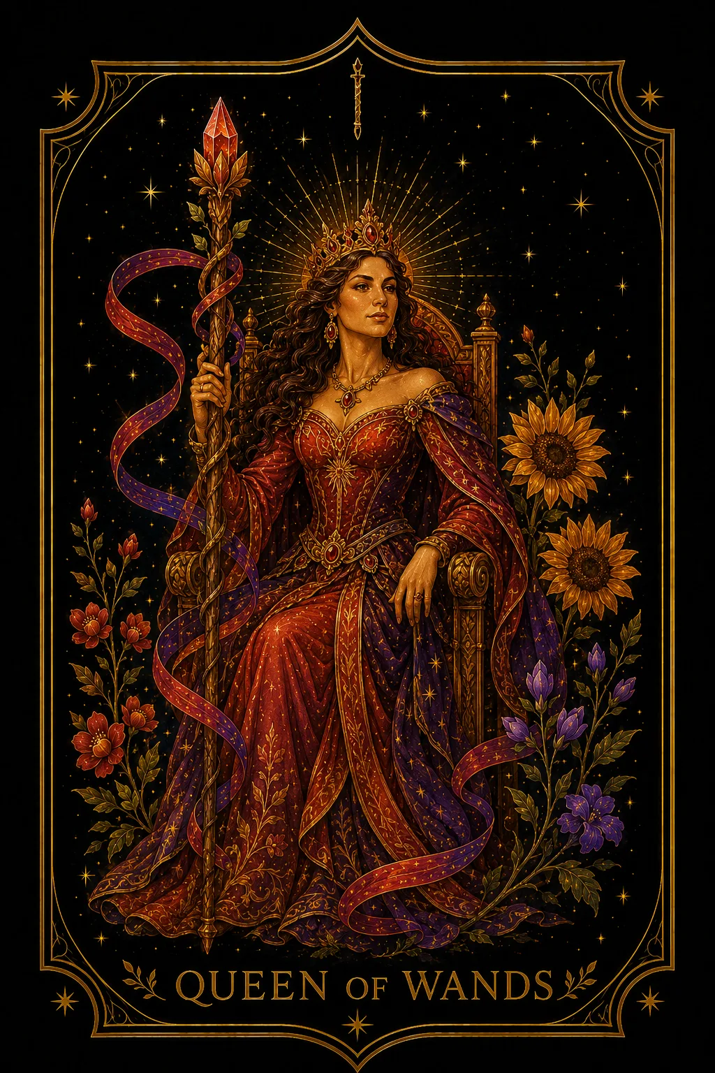 Reina de Bastos tarot card illustration — Wands